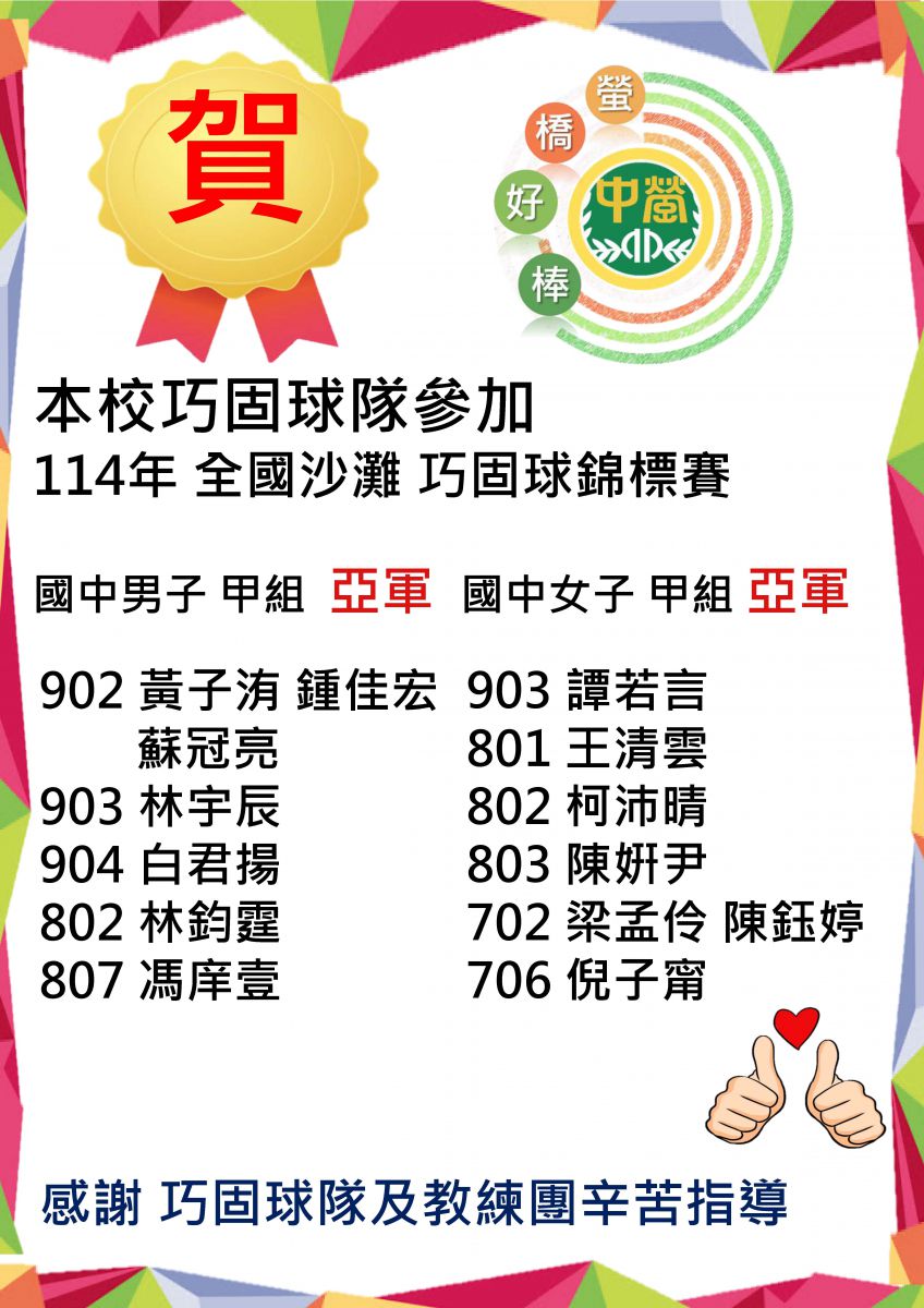 本校巧固球隊參加114年全國沙灘巧固球錦標賽國男甲及國女甲組皆榮獲佳績