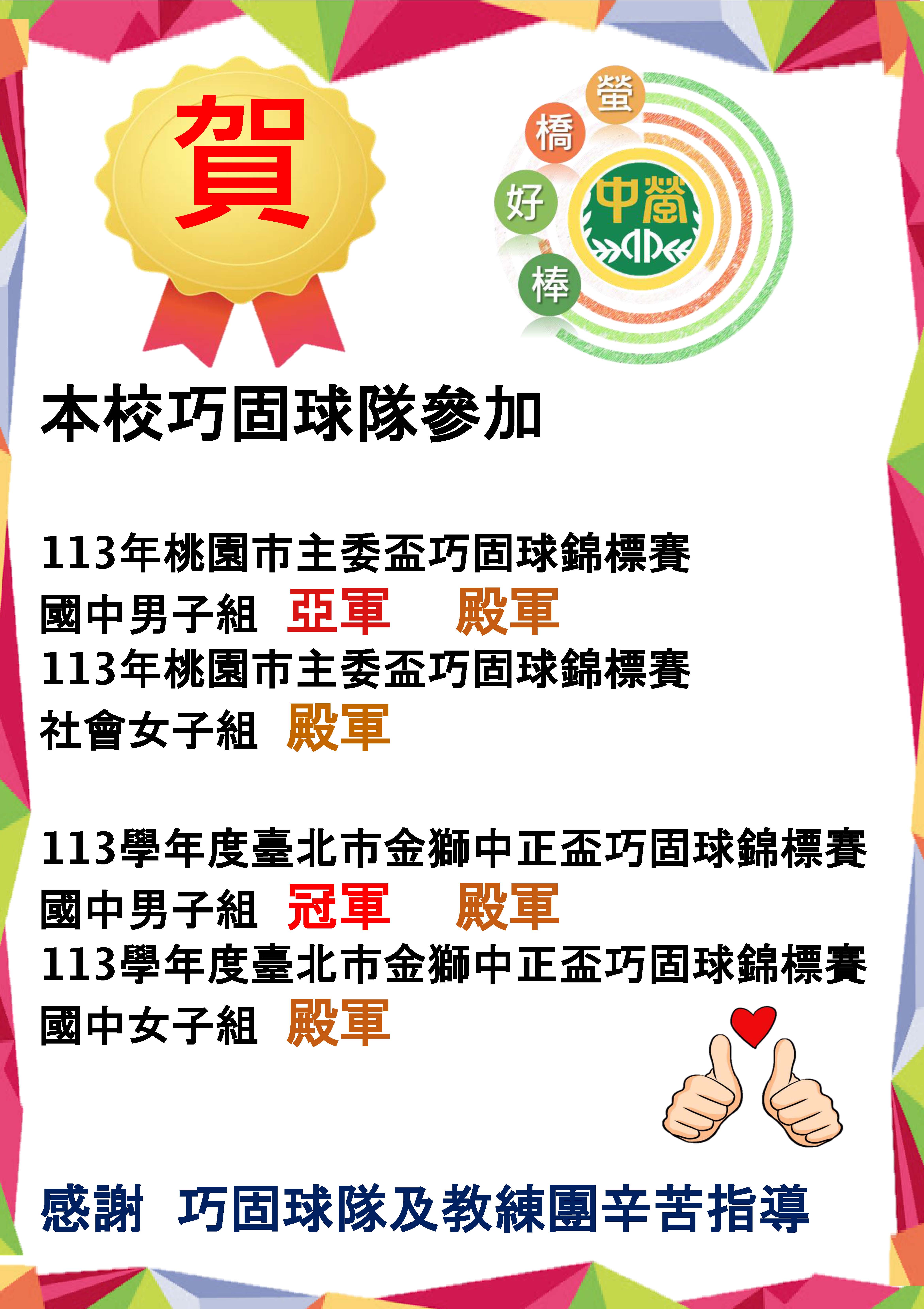 本校巧固球代表隊參加113年桃園市主委盃及臺北市金獅中正盃巧固球錦標賽 榮獲佳績