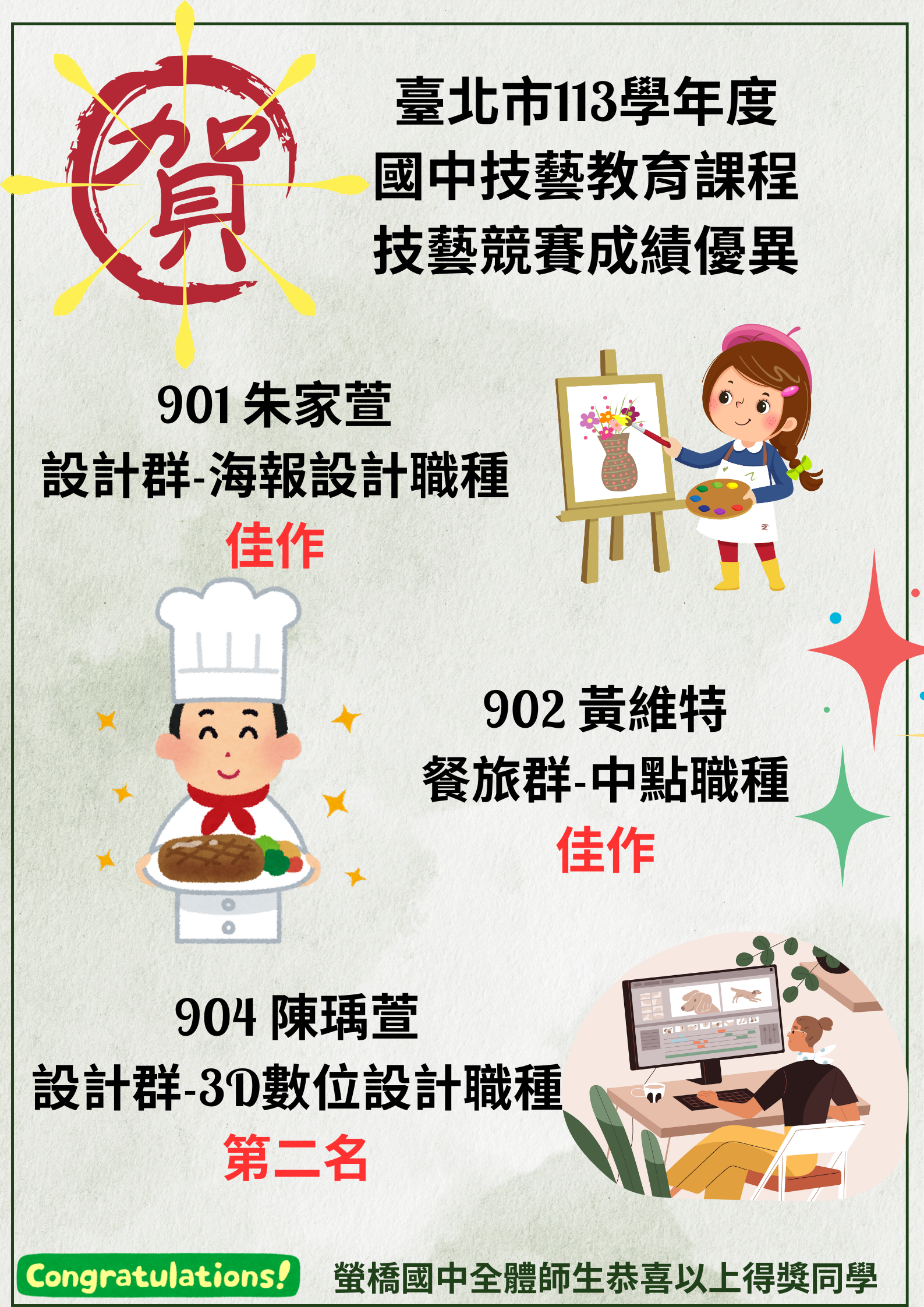 本校9年級技藝教育課程同學參加113學年度臺北市國中技藝競賽榮獲佳績